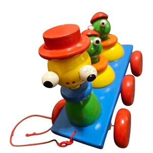 jAS TOYS VINTAGE PULL-A-LONG WORMS WOODEN TOY IN BRIGHT PRIMARY COLORS 10" Long